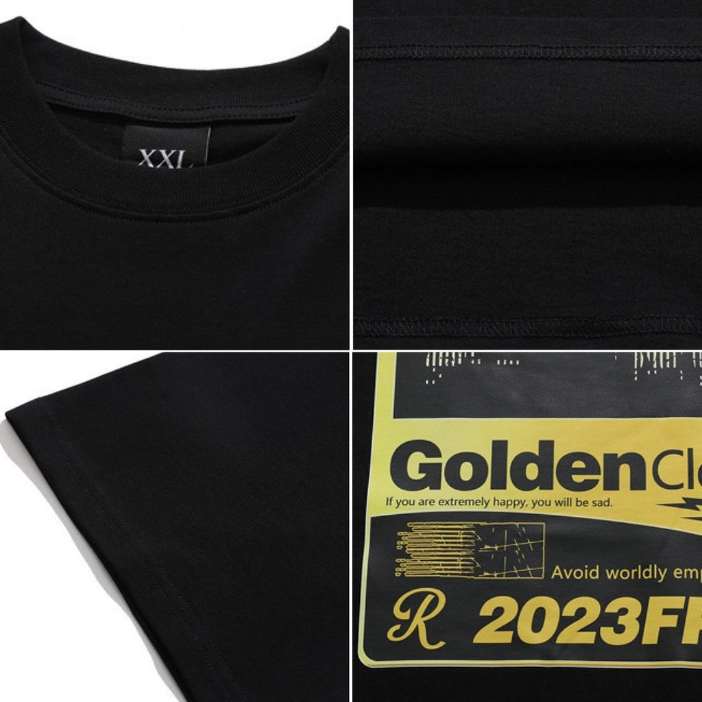 S0077 American Retro Gold Retro Print Double Yarn Heavy Drop Shoulder Loose T-Shirt