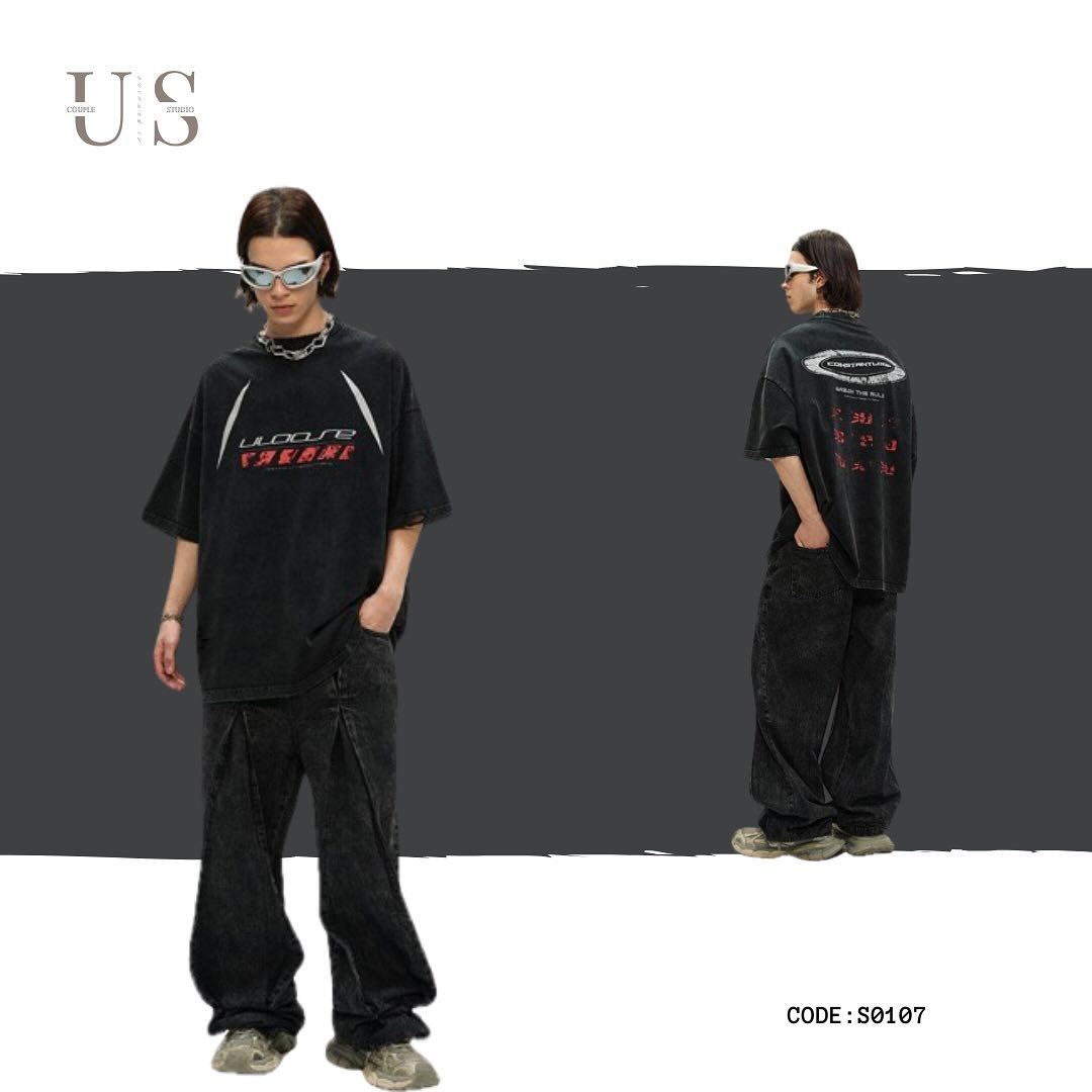 S0107 American retro uloose letter print loose cotton T-shirt
