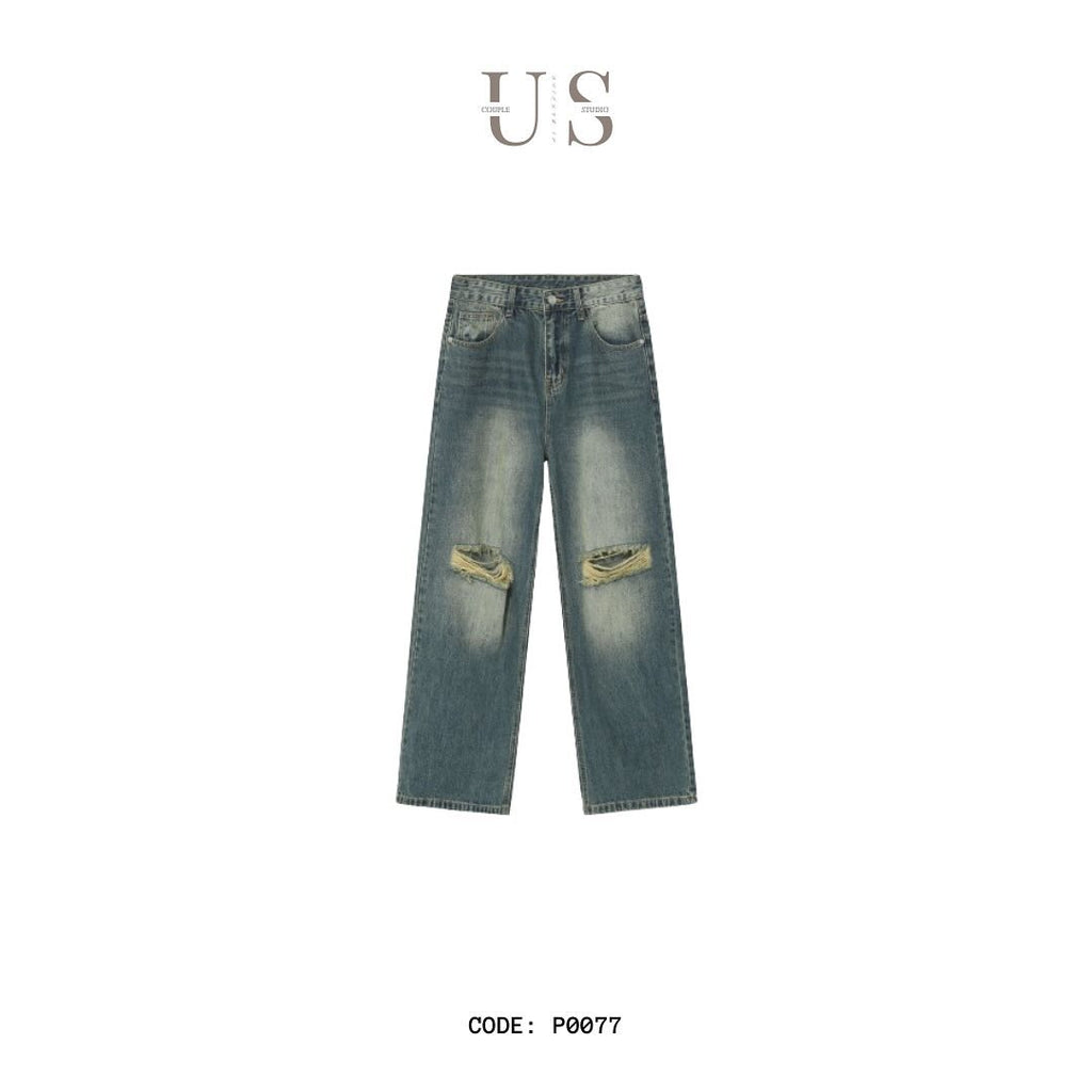 P0077 American retro versatile ripped wide-leg denim trousers