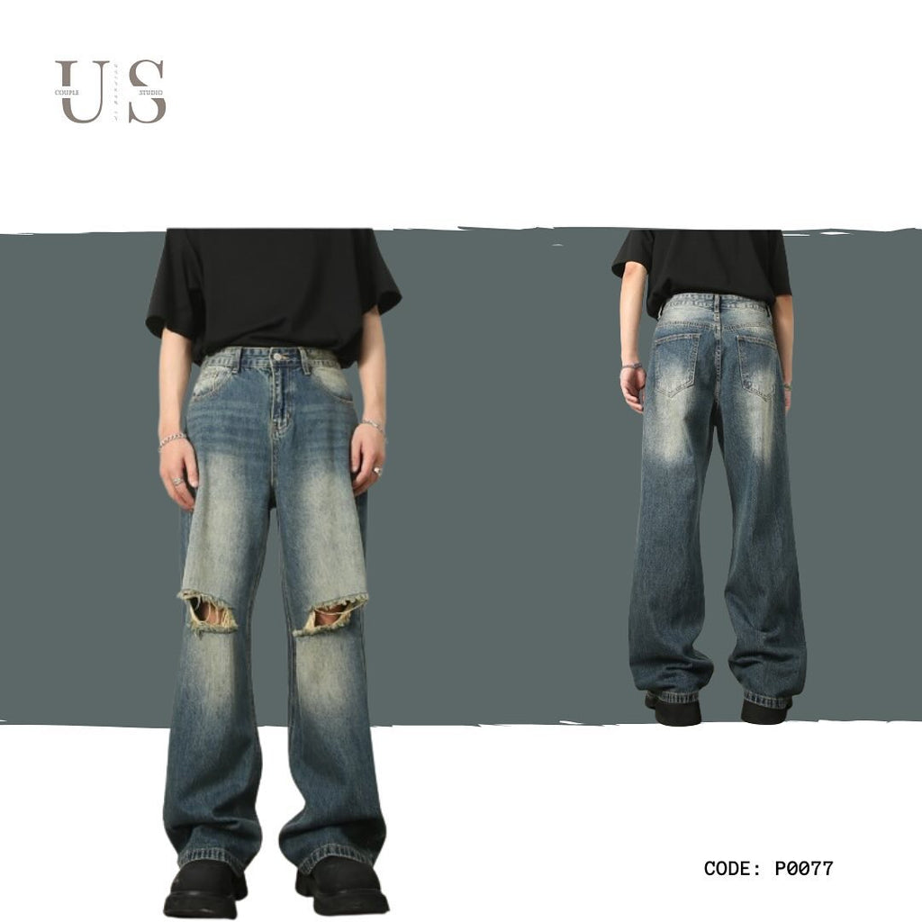 P0077 American retro versatile ripped wide-leg denim trousers