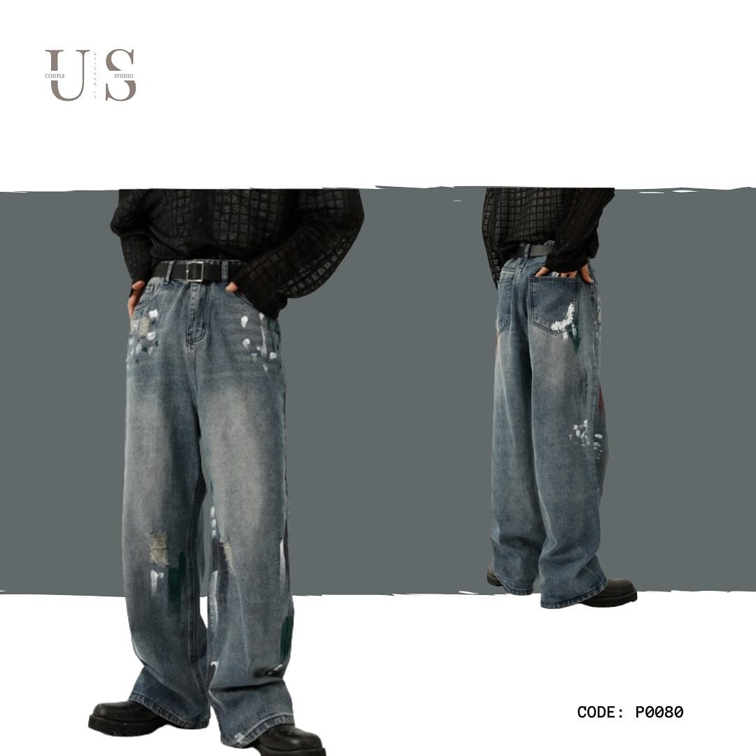 P0080 American style ripped graffiti design loose wide leg jeans