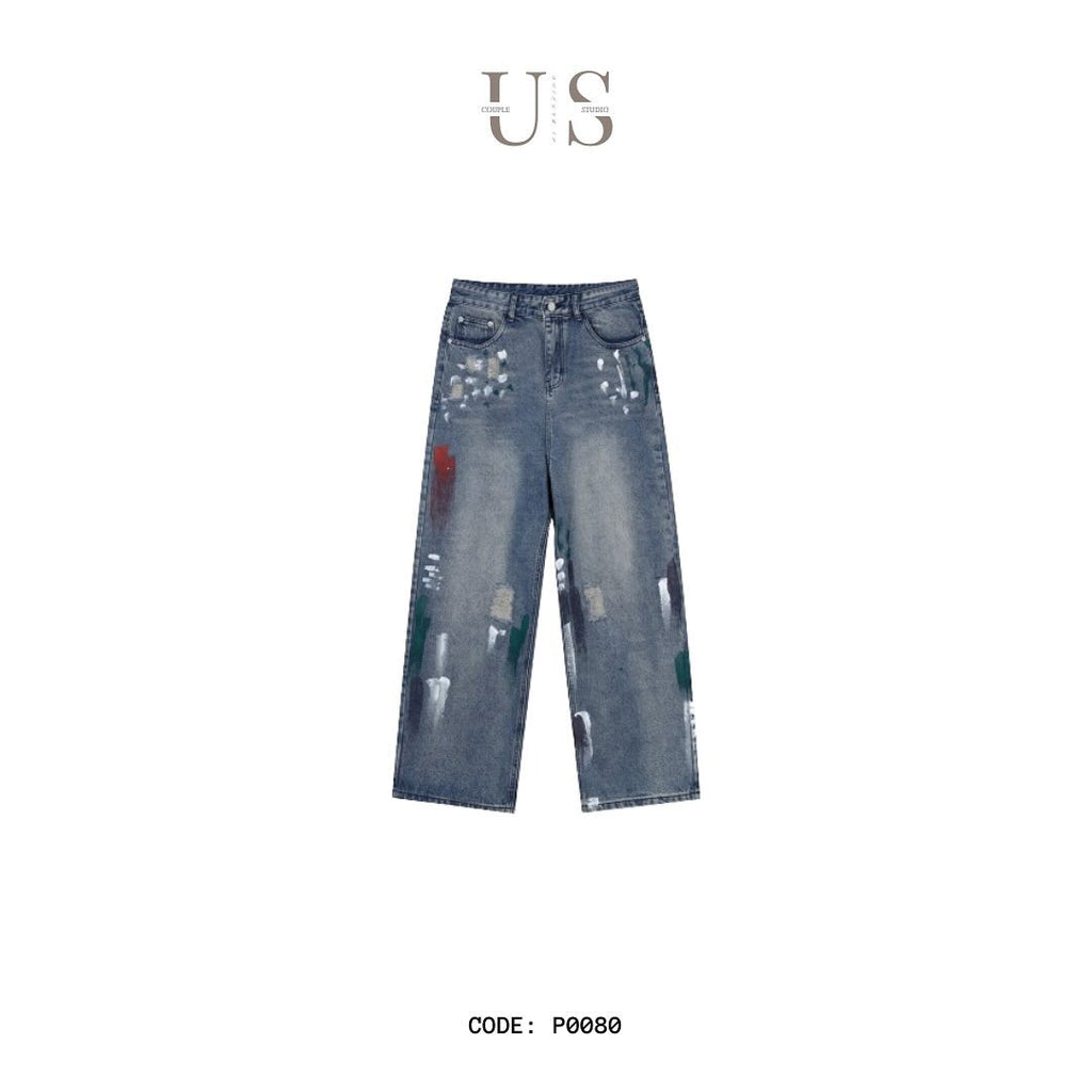 P0080 American style ripped graffiti design loose wide leg jeans
