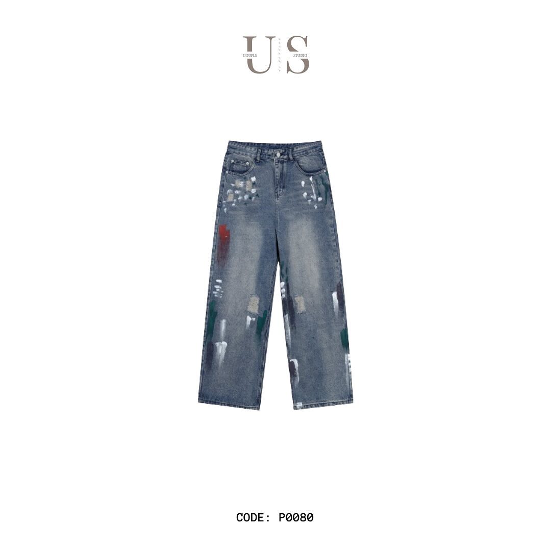P0080 American style ripped graffiti design loose wide leg jeans
