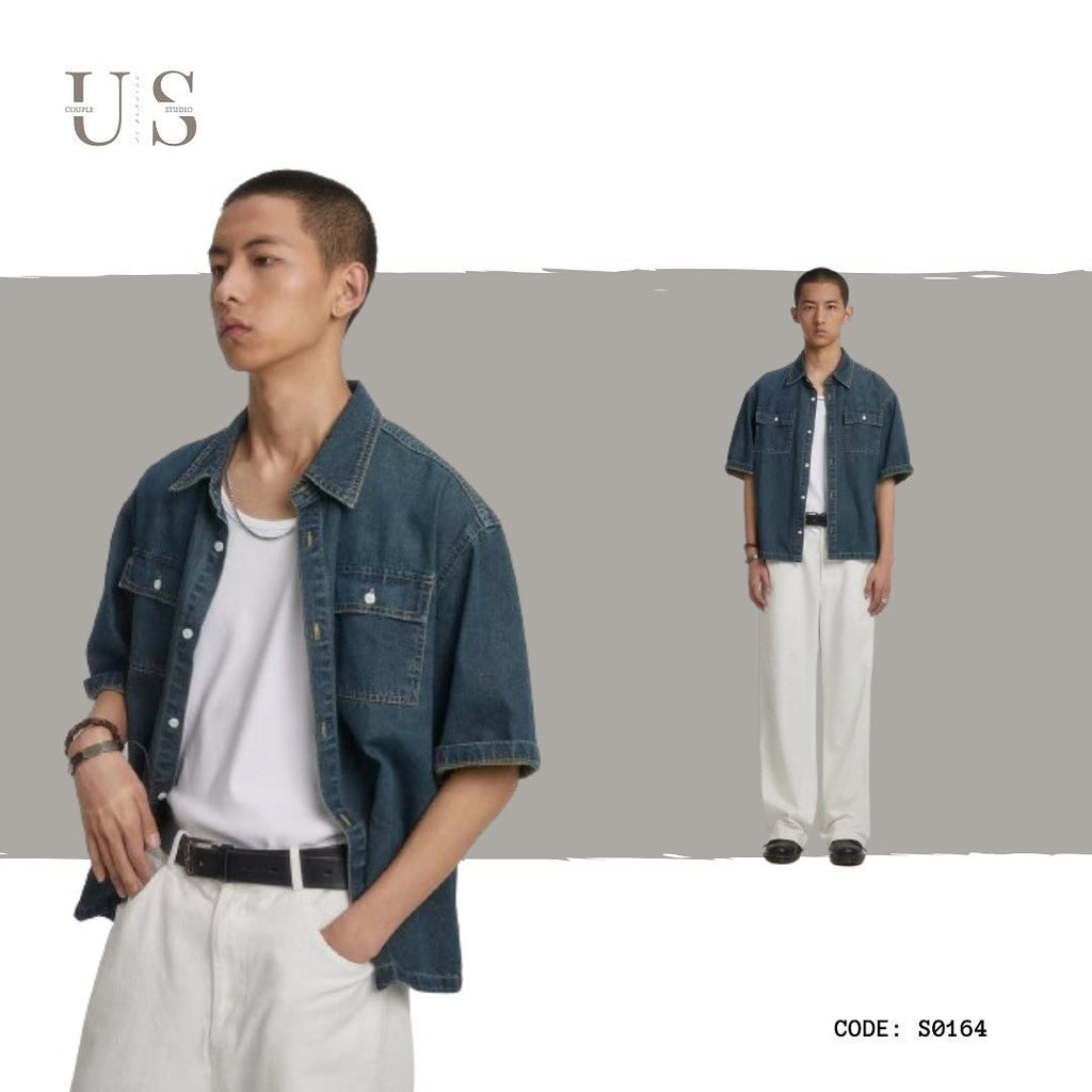 S0164 American retro heavyweight multi-pocket loose denim short-sleeved shirt