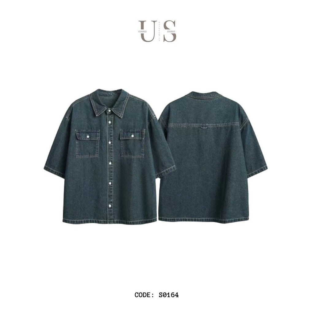 S0164 American retro heavyweight multi-pocket loose denim short-sleeved shirt