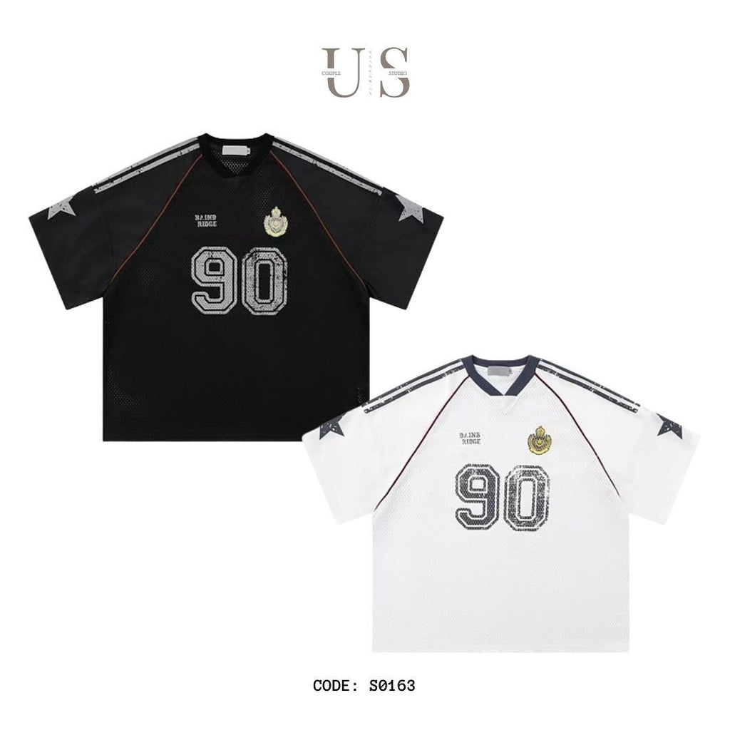 S0163 American retro mesh graffiti star print jersey style loose T-shirt