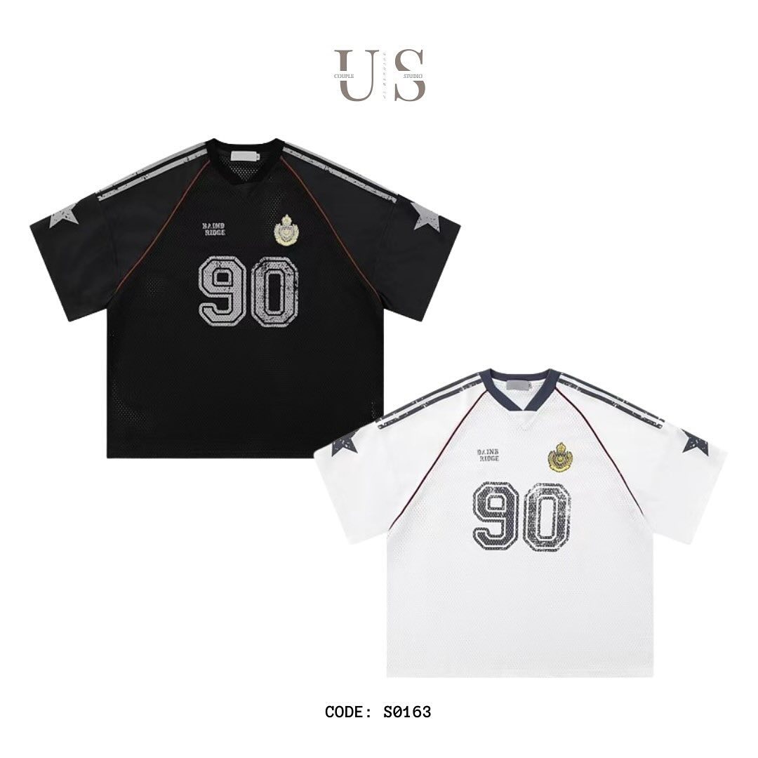 S0163 American retro mesh graffiti star print jersey style loose T-shirt