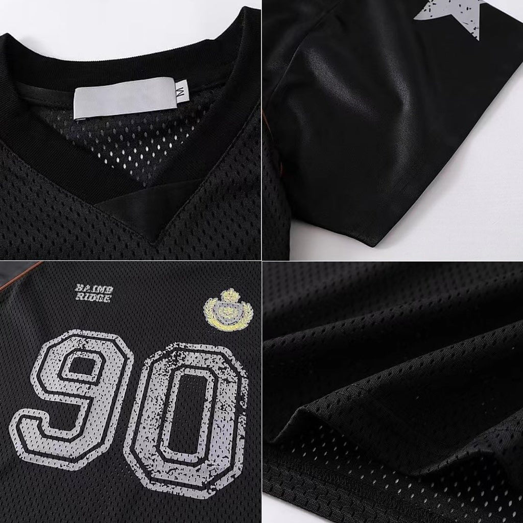 S0163 American retro mesh graffiti star print jersey style loose T-shirt