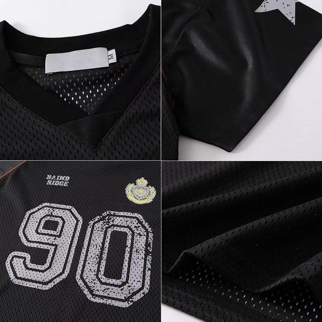 S0163 American retro mesh graffiti star print jersey style loose T-shirt