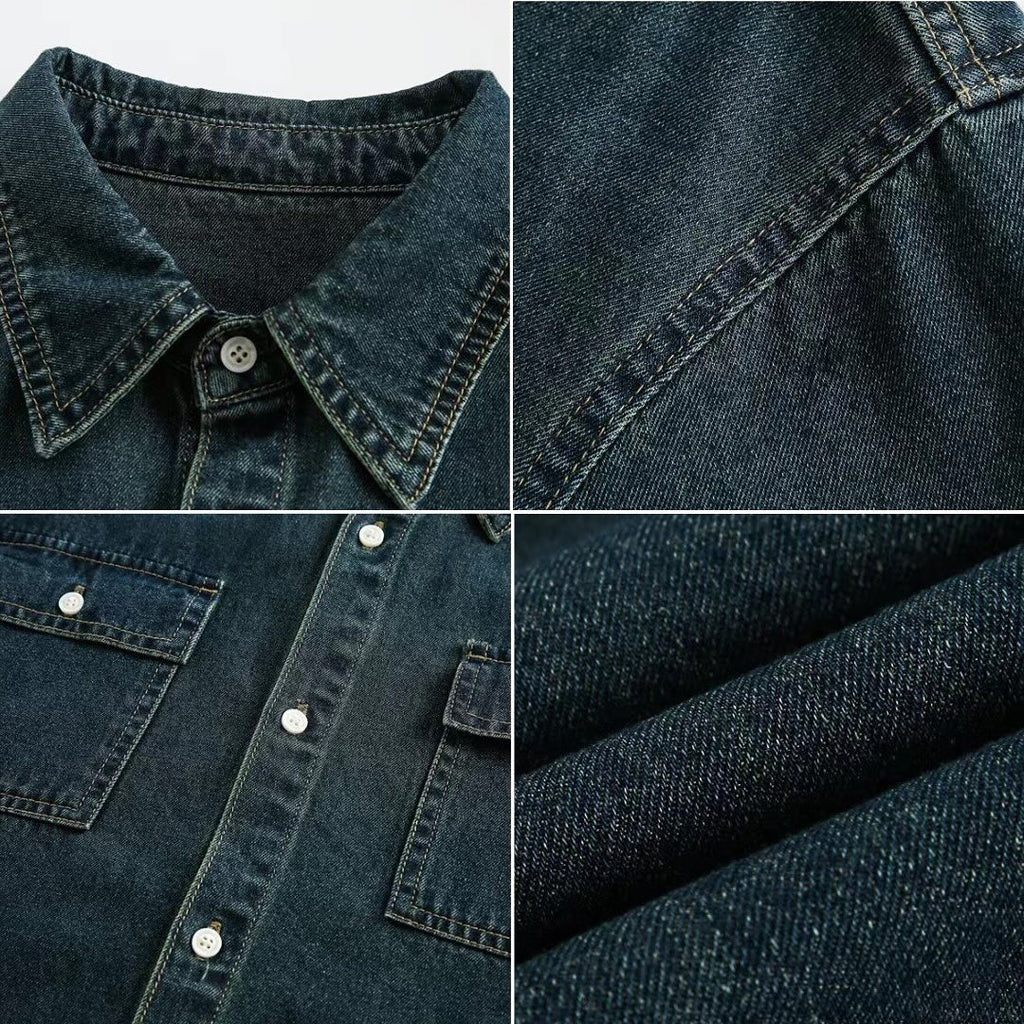 S0164 American retro heavyweight multi-pocket loose denim short-sleeved shirt