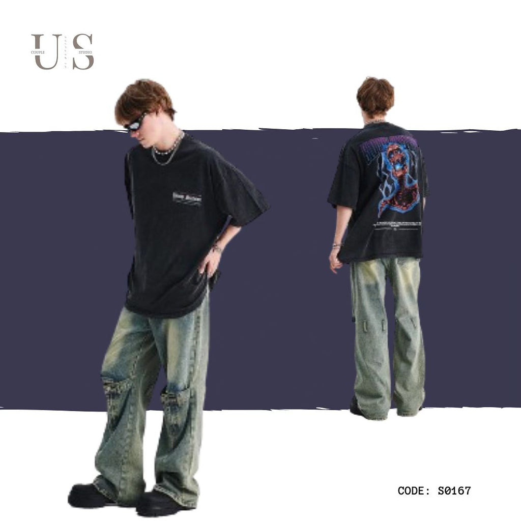S0167 American retro spoof print loose gray T-shirt Available: Black
