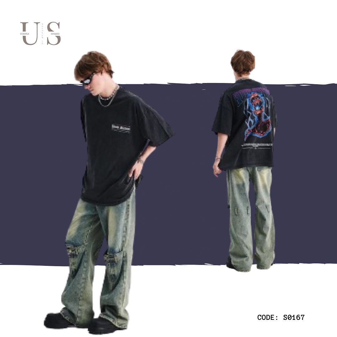 S0167 American retro spoof print loose gray T-shirt Available: Black