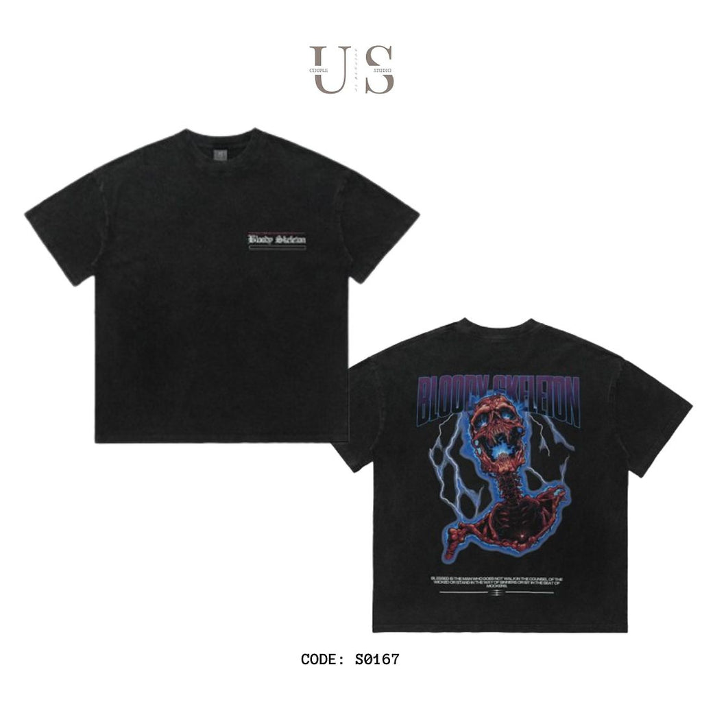 S0167 American retro spoof print loose gray T-shirt Available: Black