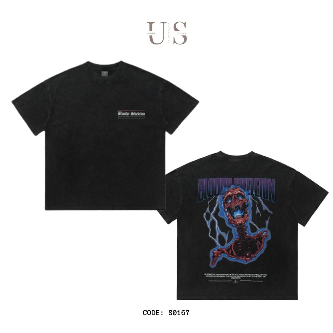 S0167 American retro spoof print loose gray T-shirt Available: Black
