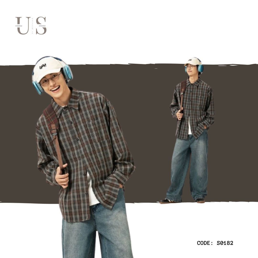 S0182 Japanese Vintage cityboy oversize casual plaid long-sleeved shirt