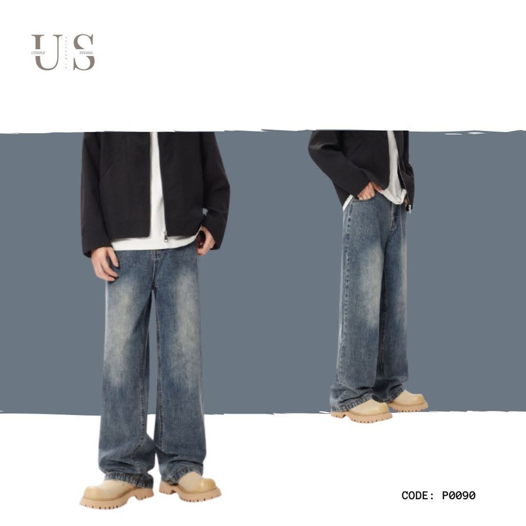 P0090 America style vintage design oversize straight denim trousers