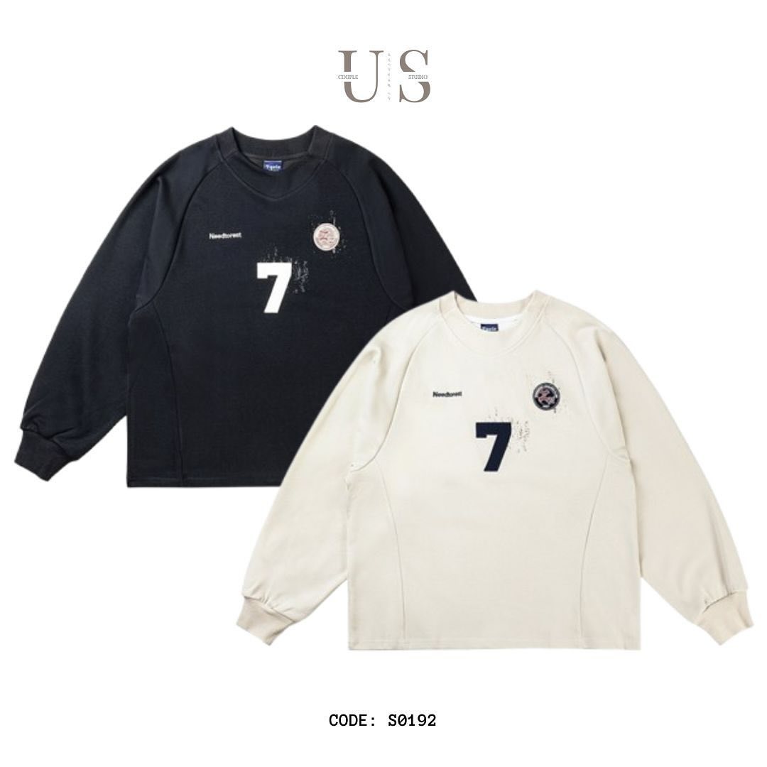S0192 American Style Vintage No 7 Print oversized Long- Sleeve sweatshirt