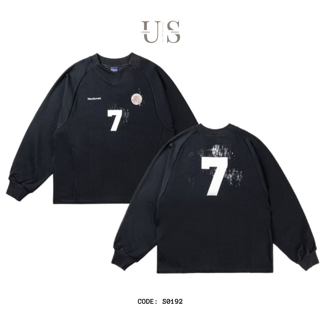 S0192 American Style Vintage No 7 Print oversized Long- Sleeve sweatshirt