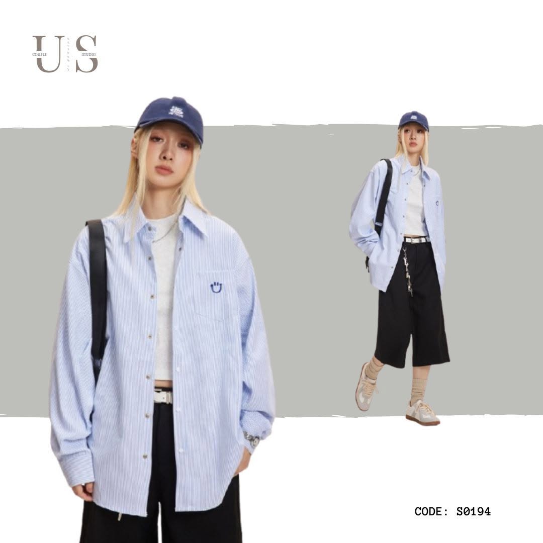 S0194 American Style Vintage Sime Design oversized Long- Sleeve Line Shirt