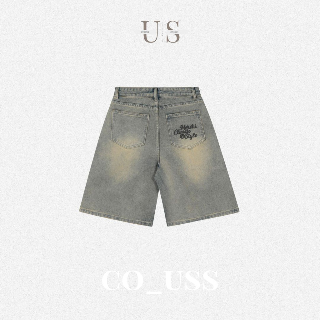 P0206 American retro washed distressed straight-leg cleanfit wide-leg denim shorts