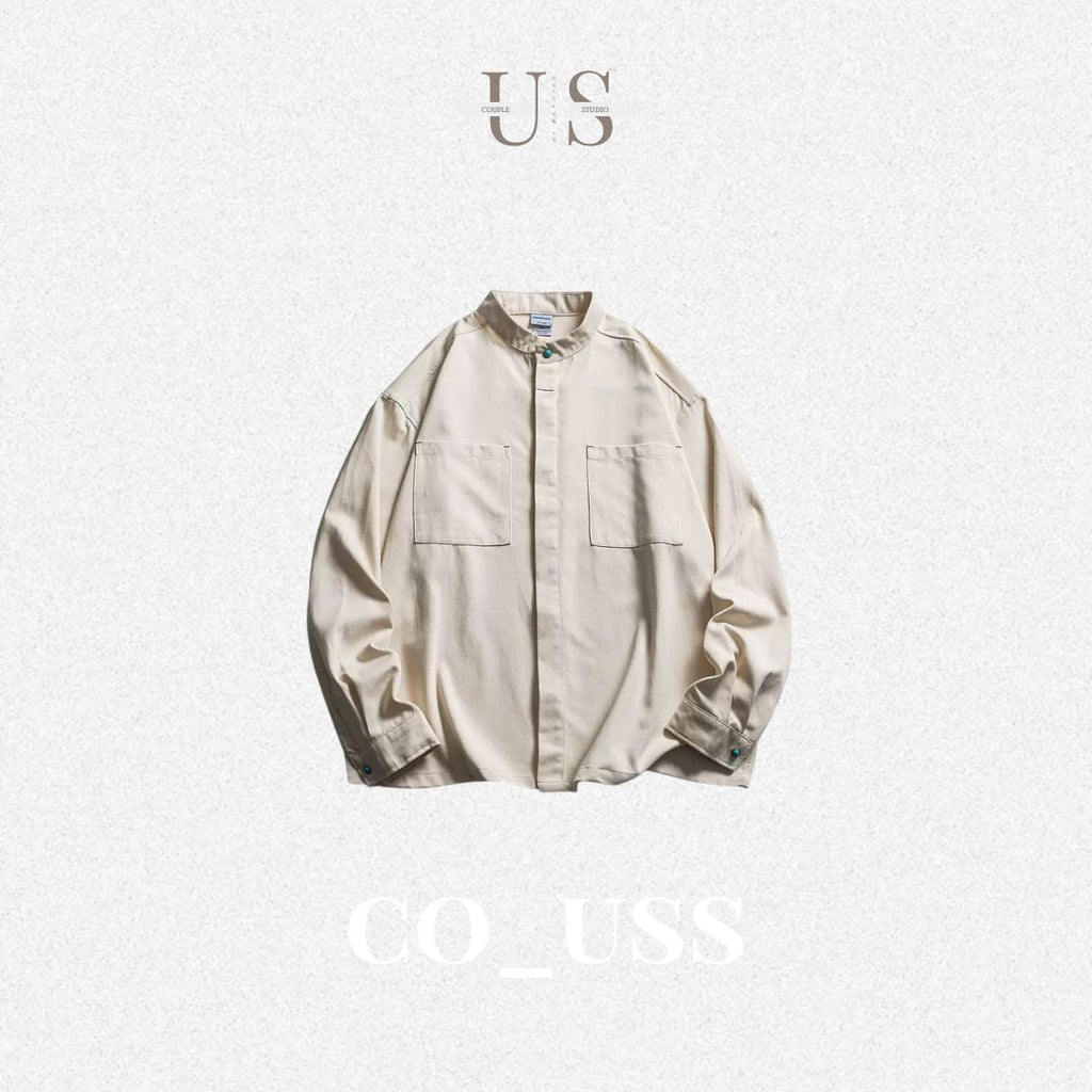 S0372 American Cargo Stand Collar Long Sleeve Shirt Available: Black | Beige | Brown