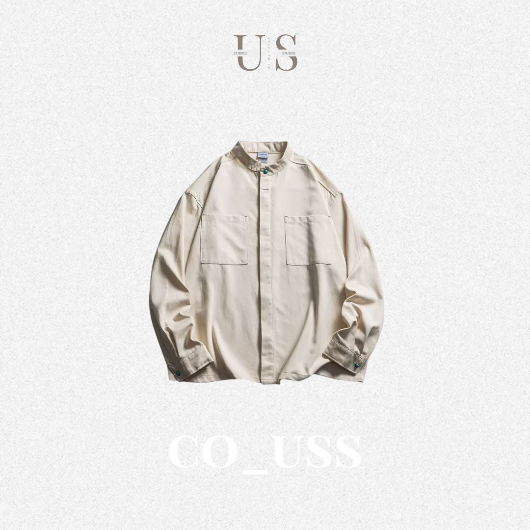 S0372 American Cargo Stand Collar Long Sleeve Shirt Available: Black | Beige | Brown