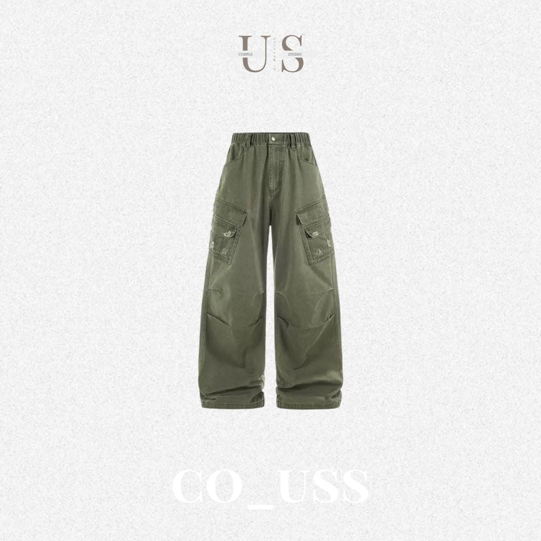 P0186 American street style washed distressed multi-pocket cargo pants