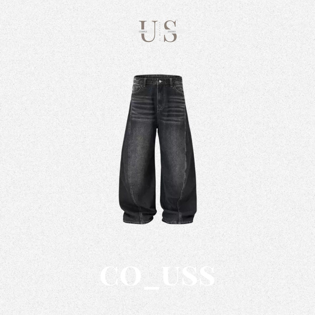 P0242 American Vintage-Style Washed Distressed Curved-Cut Whiskering Jeans