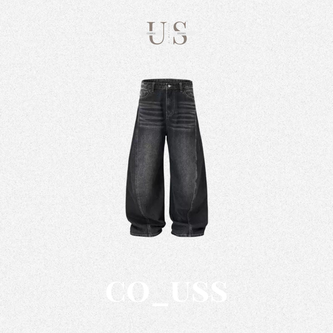 P0242 American Vintage-Style Washed Distressed Curved-Cut Whiskering Jeans