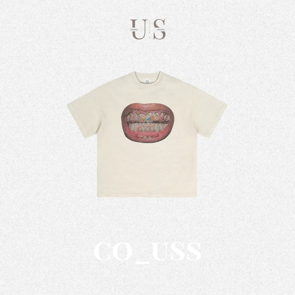 S0377 American style 310G heavyweight pure cotton loose loose trendy distressed print washed grey T-shirt