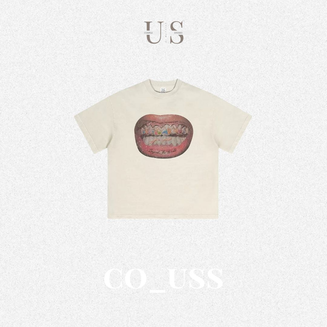 S0377 American style 310G heavyweight pure cotton loose loose trendy distressed print washed grey T-shirt