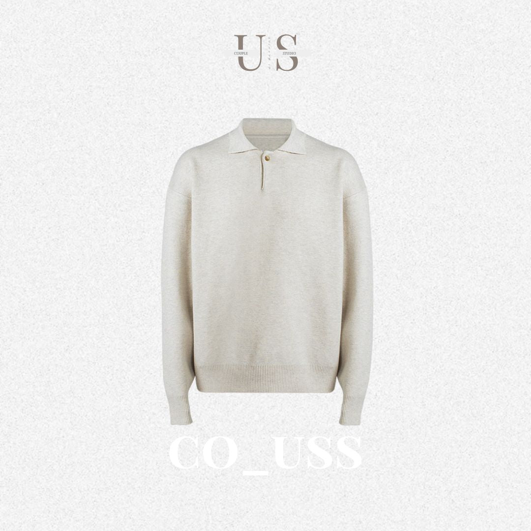 S0338 CSMY Trendy Solid Color Casual High Density Thick Loose Old Money Style Knitted Long-Sleeve Polo Shirt