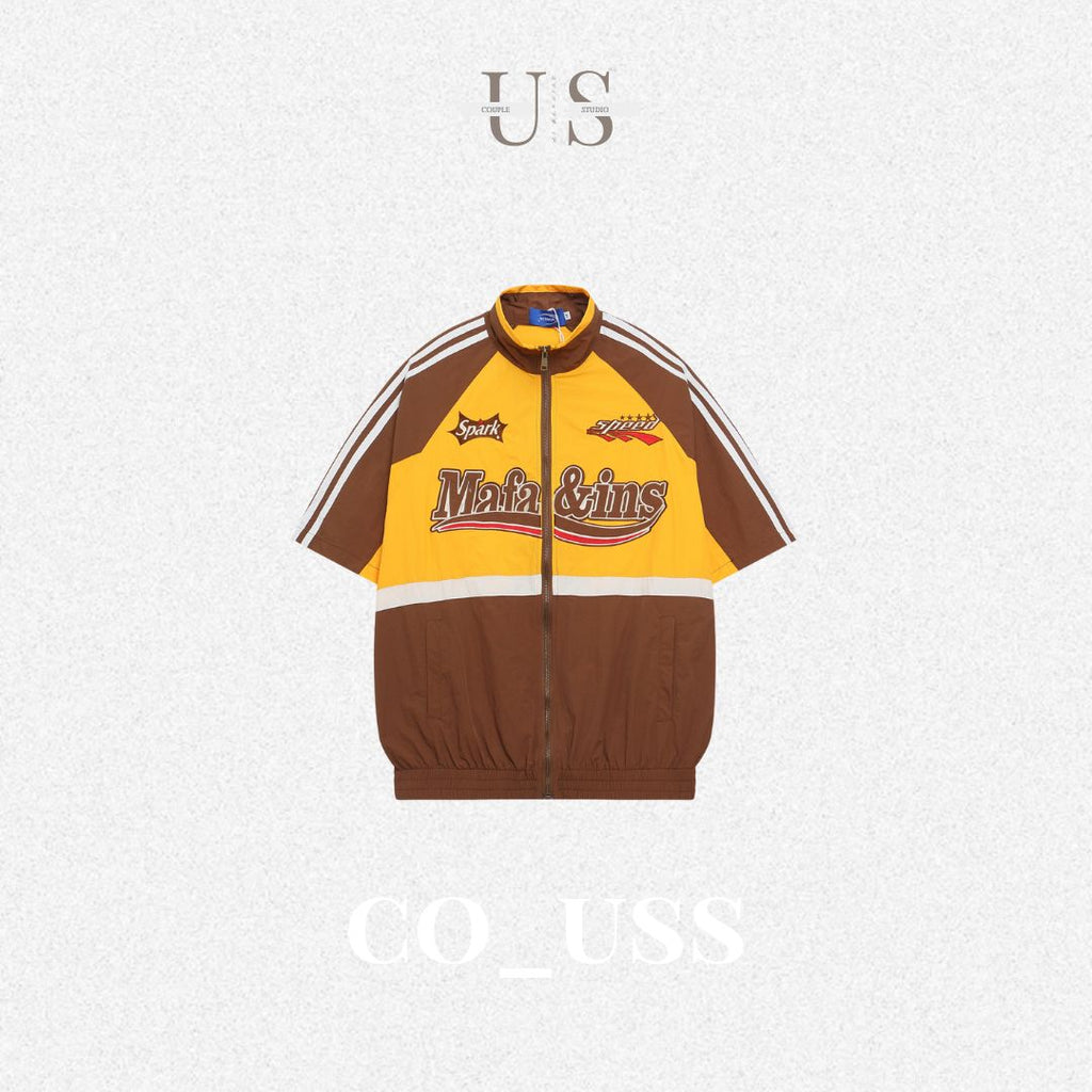 S0348 American Retro Embroidered Racing National Trend Brand Ins Hip-Hop Loose Stand Collar Zipper Short-Sleeve Shirt