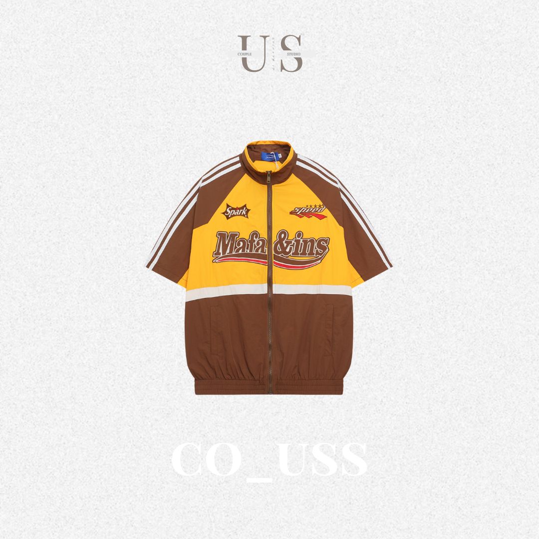 S0348 American Retro Embroidered Racing National Trend Brand Ins Hip-Hop Loose Stand Collar Zipper Short-Sleeve Shirt
