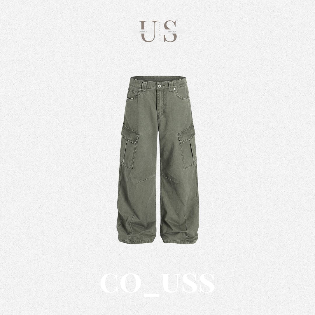 P0172 American Street Retro Deconstructed Scimitar Vibe Loose Straight Wide-Leg Cargo Pants