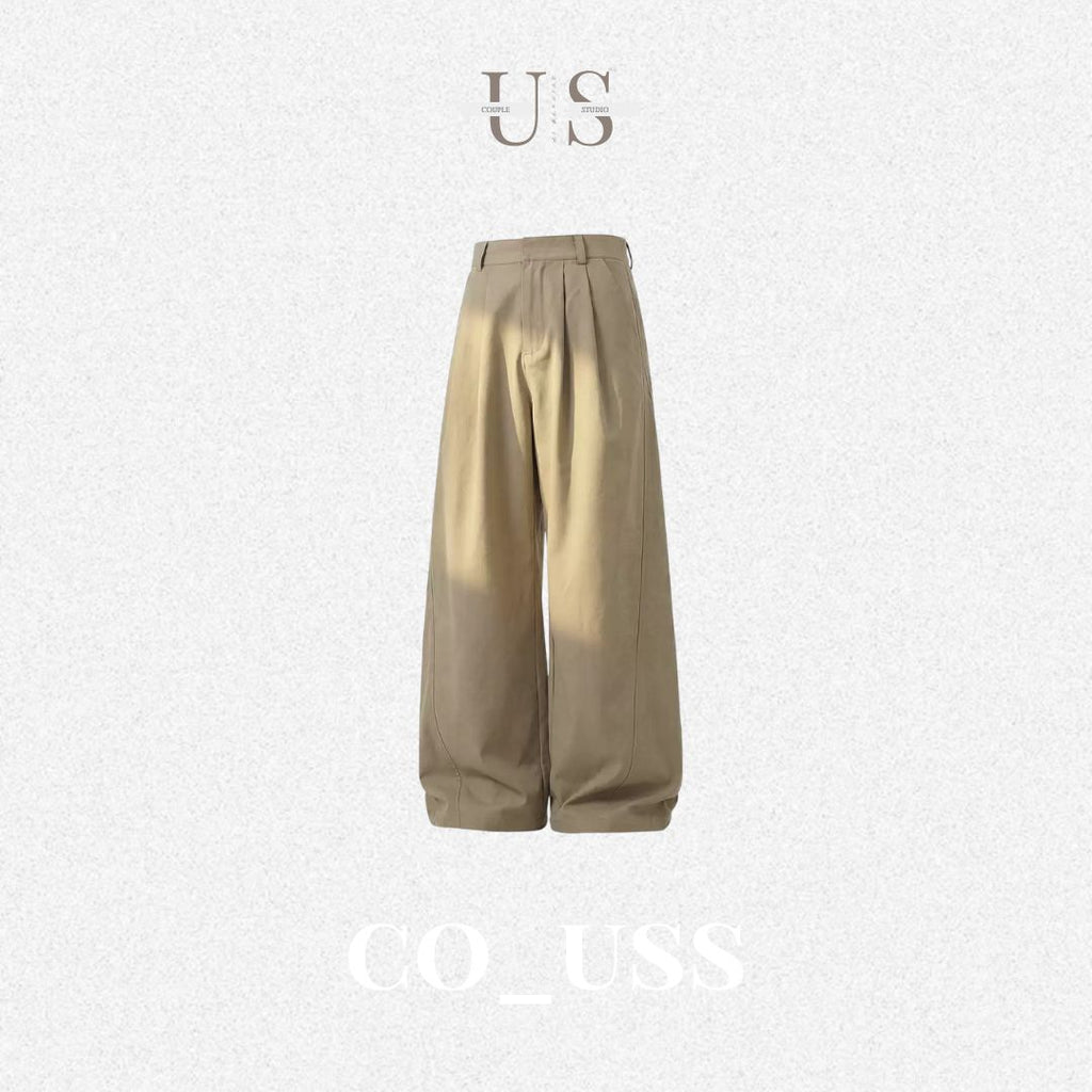 P0208 AAmerican-style segmented pleated textured loose straight-leg trousers