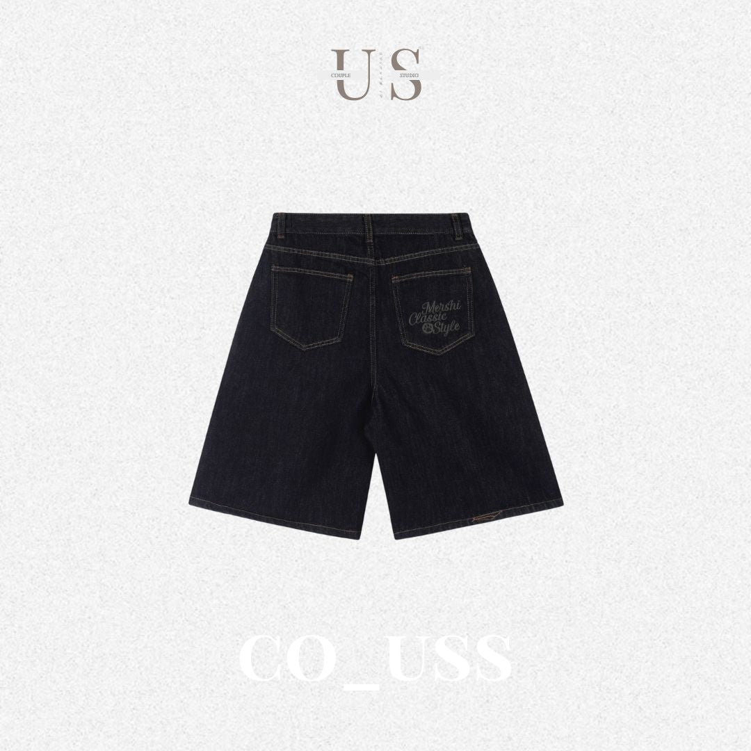 P0206 American retro washed distressed straight-leg cleanfit wide-leg denim shorts