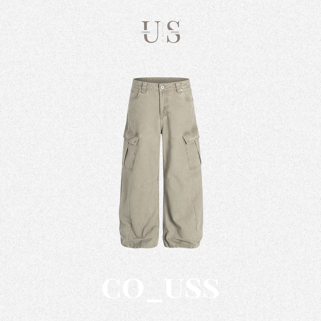P0172 American Street Retro Deconstructed Scimitar Vibe Loose Straight Wide-Leg Cargo Pants