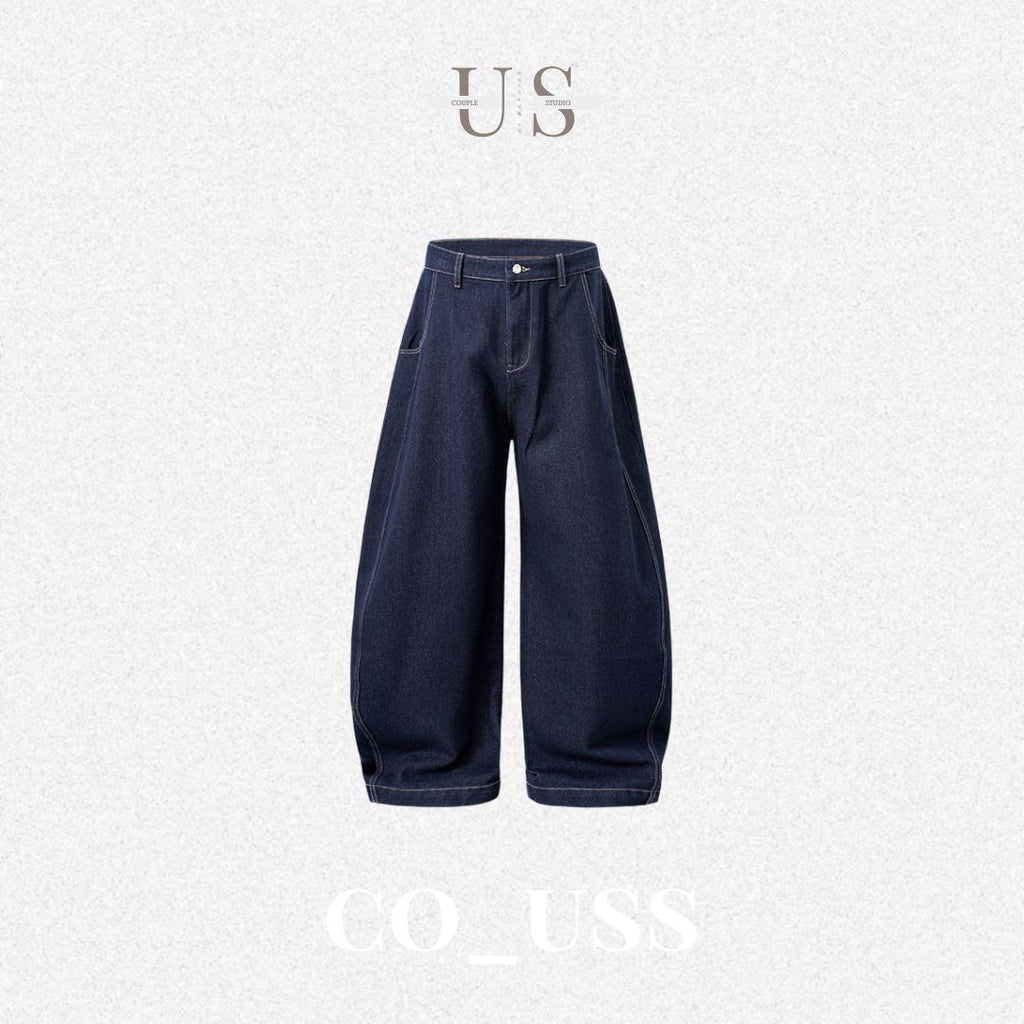 P0177 American street style baggy sickle wide leg outline washed denim scimitar pants