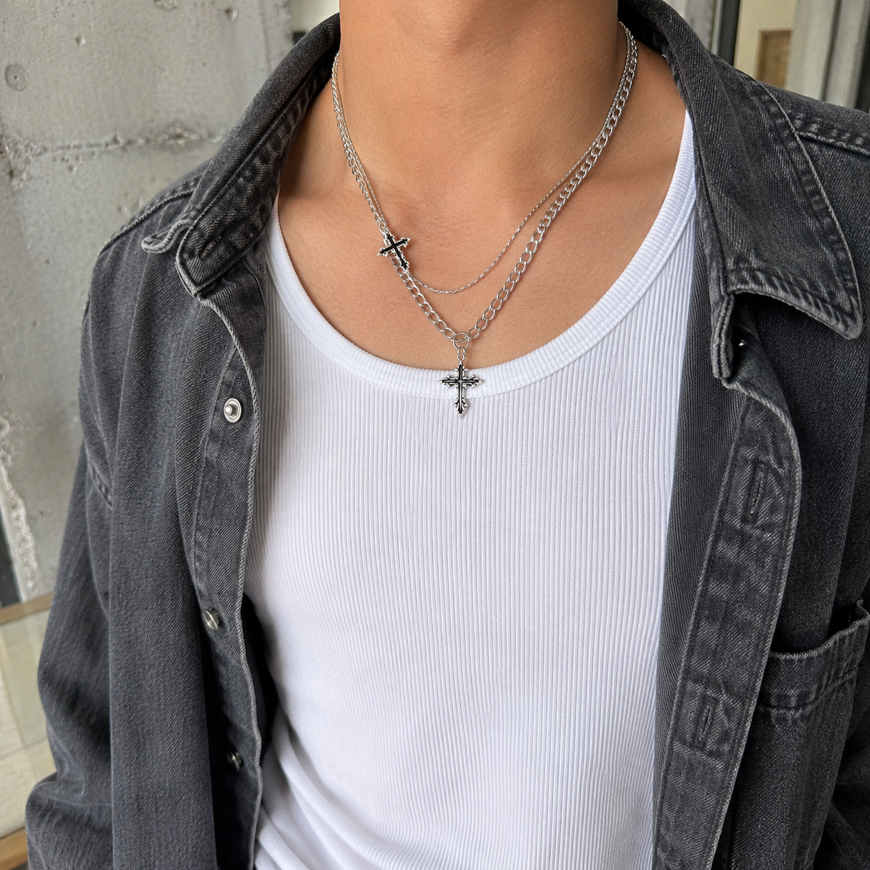 N001 TWIN CROSS LAYERED NECKLACE