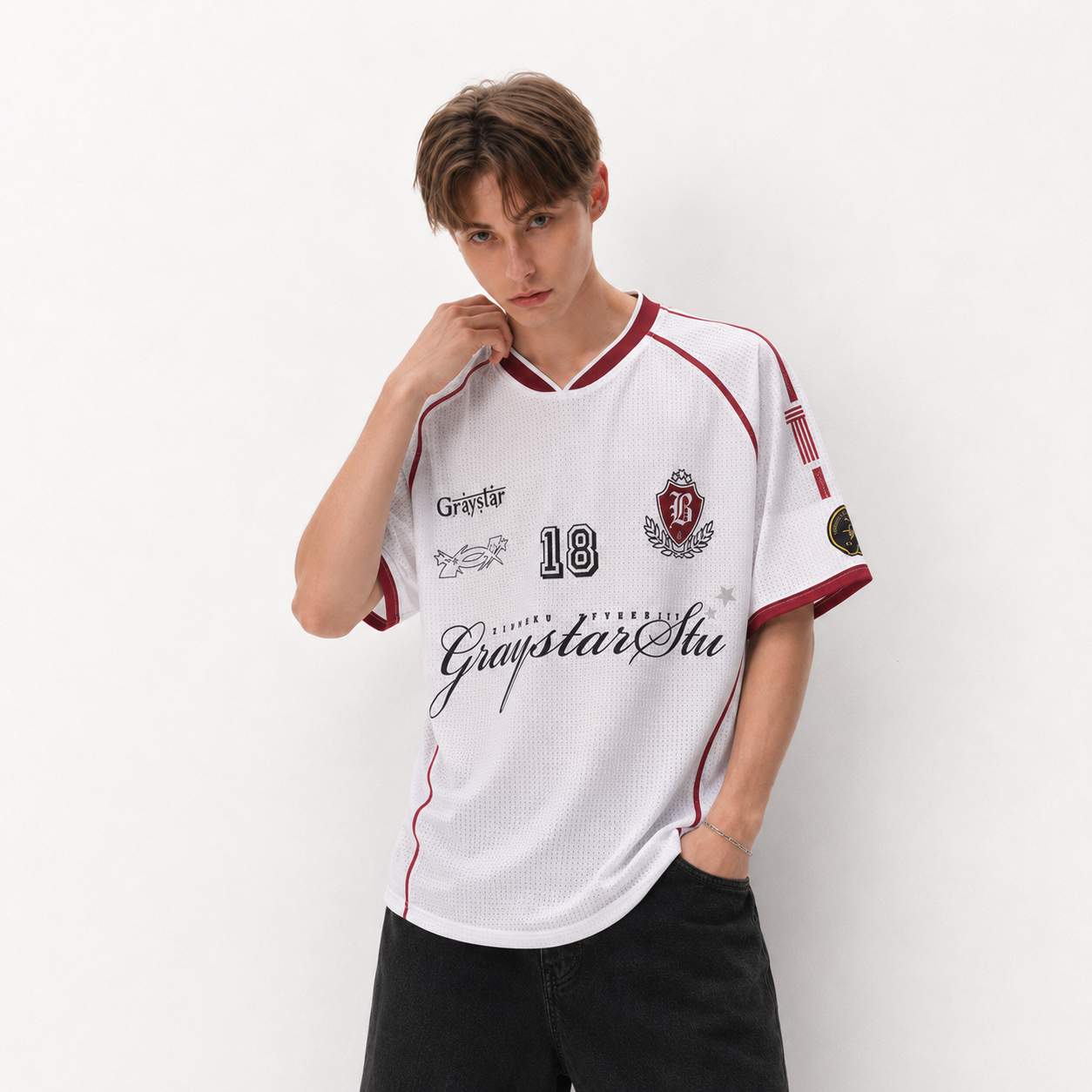 S0481 American-Style Vintage Letter Print Color-Block V-Neck Short-Sleeve T-Shirt Jersey