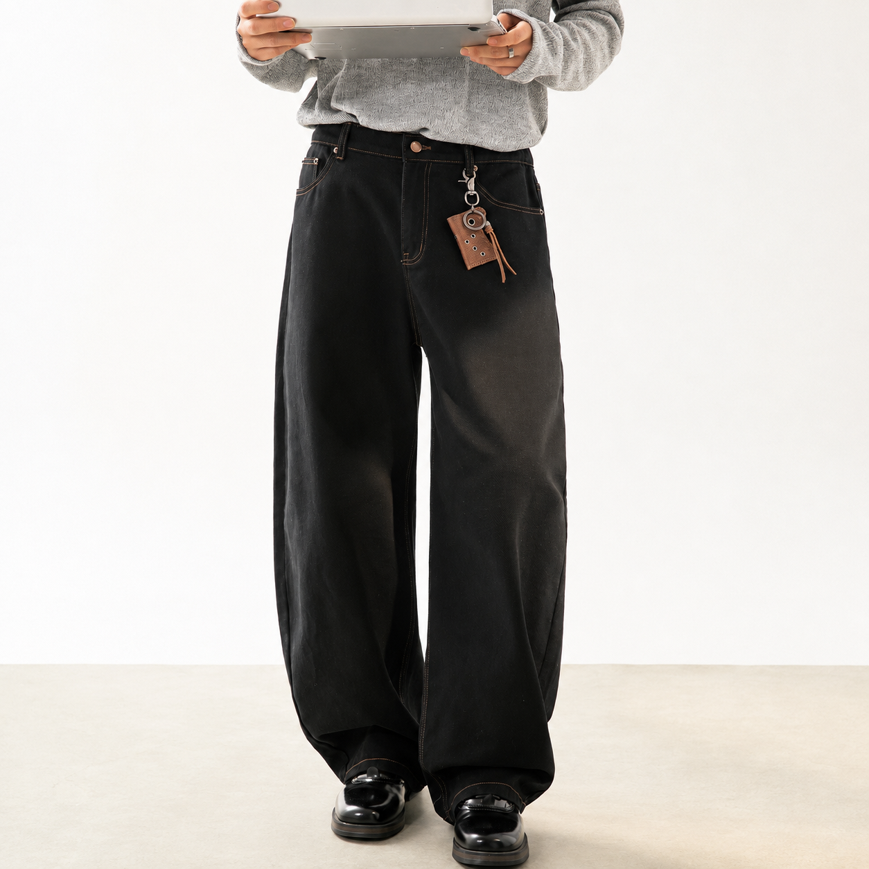 P0240 American-style twill oversize straight leg casual trousers