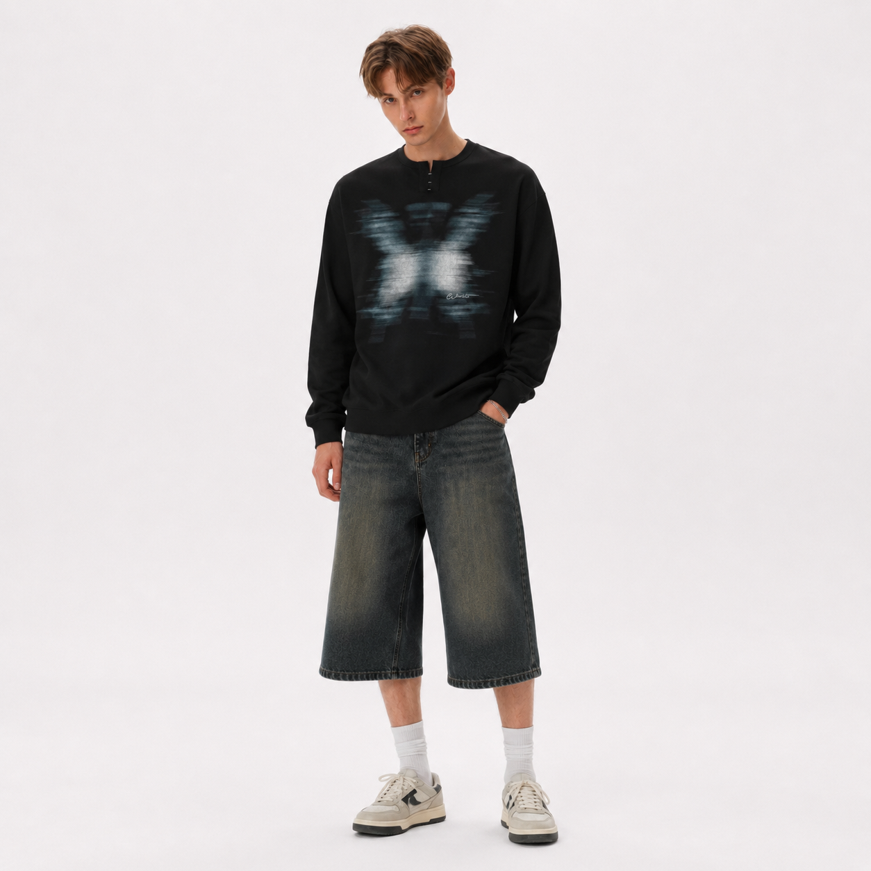 S0486 American-style blurred-print Henley-collar pullover sweatshirt
