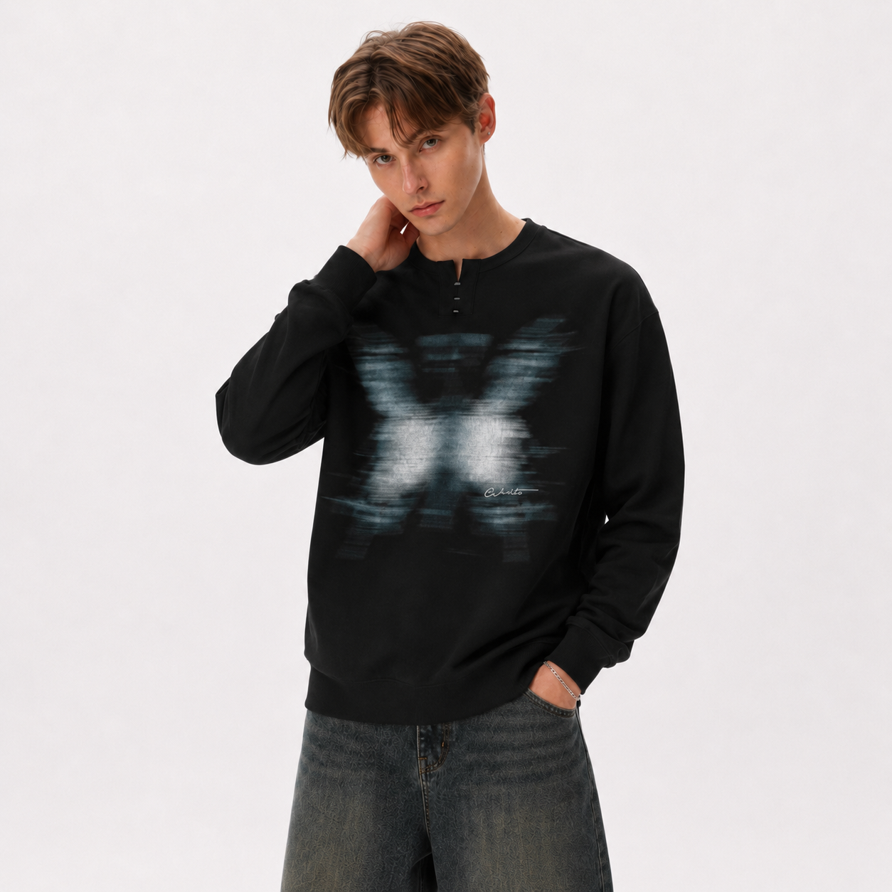 S0486 American-style blurred-print Henley-collar pullover sweatshirt