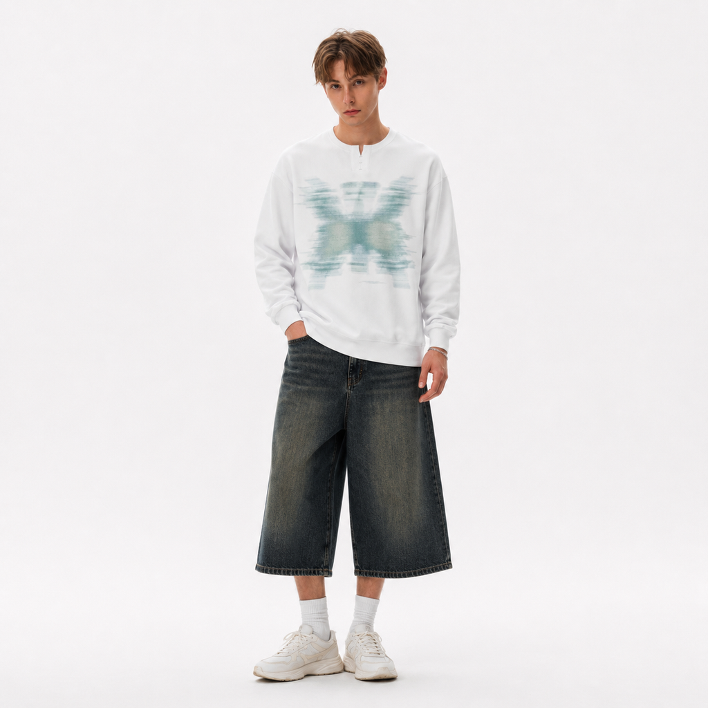 S0486 American-style blurred-print Henley-collar pullover sweatshirt