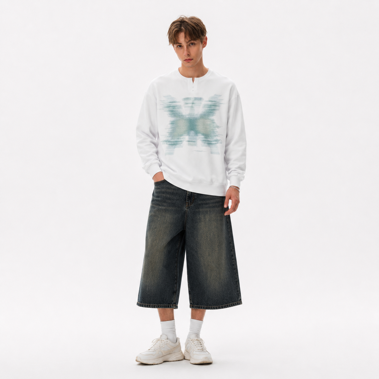 S0486 American-style blurred-print Henley-collar pullover sweatshirt