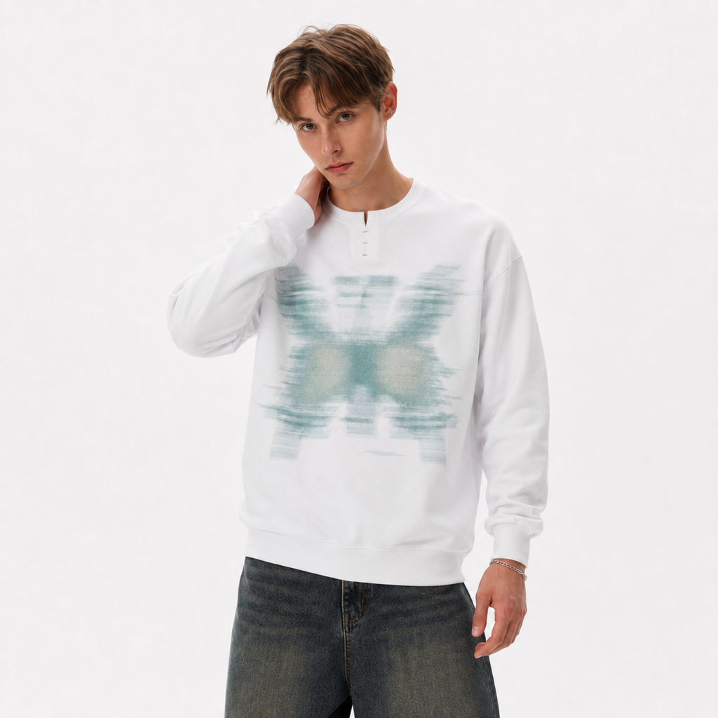 S0486 American-style blurred-print Henley-collar pullover sweatshirt