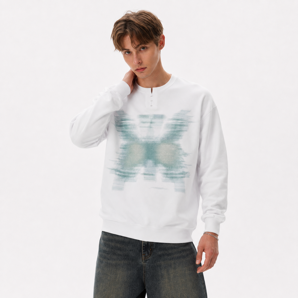 S0486 American-style blurred-print Henley-collar pullover sweatshirt