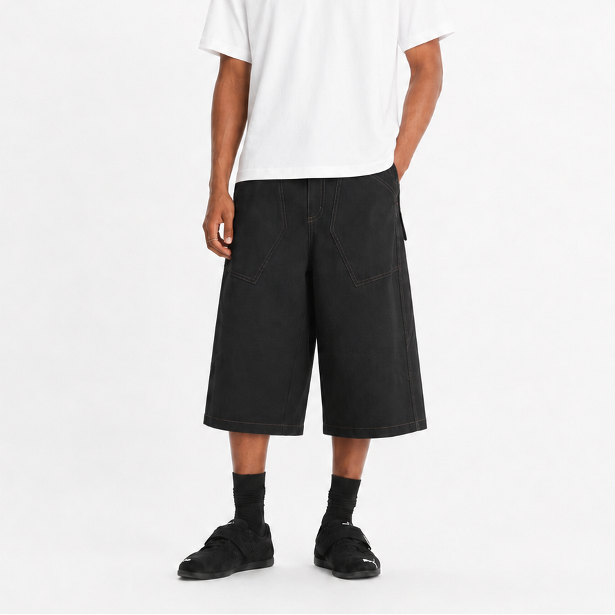 P0239 American Vintage-Style Contrast Stitching and Panel Detailing Raw Denim Cropped Pants