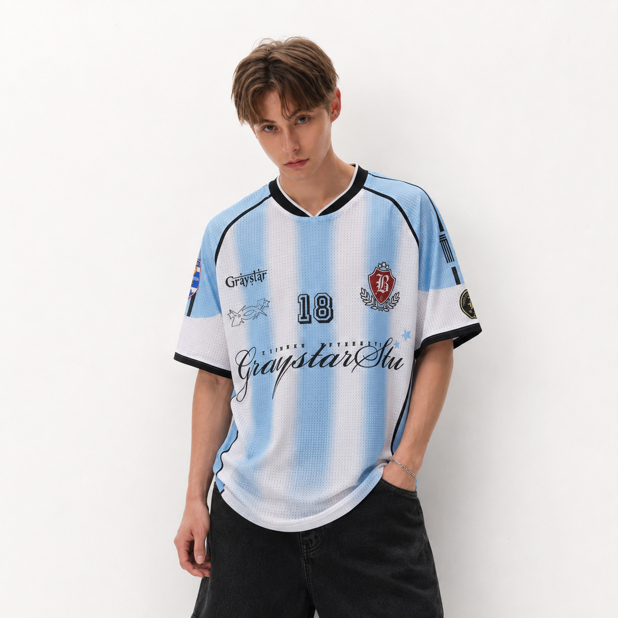 S0481 American-Style Vintage Letter Print Color-Block V-Neck Short-Sleeve T-Shirt Jersey